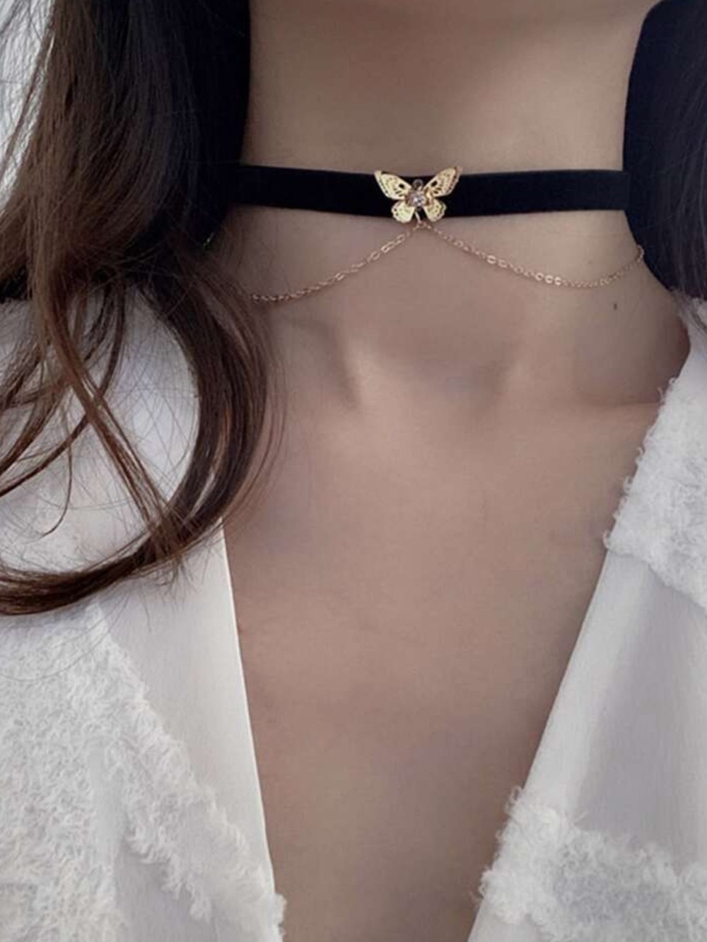 Black Velvet Butterfly Choker with Gold Chain Accent - Picture 2 of 3